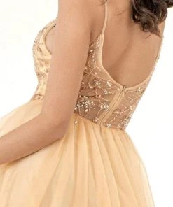 GLS By Gloria - GL2983 Embellished V Neck Mesh A-line Dress