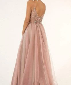 GLS By Gloria - GL2983 Embellished V Neck Mesh A-line Dress