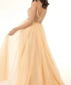 GLS By Gloria - GL2983 Embellished V Neck Mesh A-line Dress