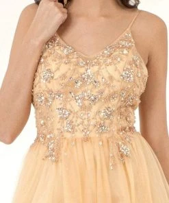 GLS By Gloria - GL2983 Embellished V Neck Mesh A-line Dress