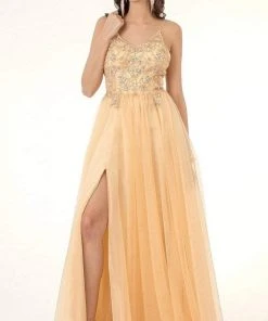 GLS By Gloria - GL2983 Embellished V Neck Mesh A-line Dress