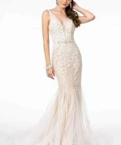 GLS By Gloria - GL2985 Embroidered Deep V-Neck Trumpet Dress