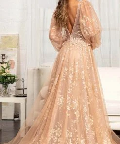 GLS By Gloria GL3001 - Long Puffed Sleeves Deep V-neck Evening Gown 15 GLS By Gloria GL3001 - Long Puffed Sleeves Deep V-neck Evening Gown