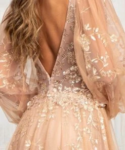 GLS By Gloria GL3001 - Long Puffed Sleeves Deep V-neck Evening Gown 16 GLS By Gloria GL3001 - Long Puffed Sleeves Deep V-neck Evening Gown