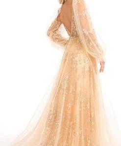 GLS By Gloria GL3001 - Long Puffed Sleeves Deep V-neck Evening Gown