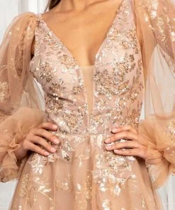 GLS By Gloria GL3001 - Long Puffed Sleeves Deep V-neck Evening Gown 17 GLS By Gloria GL3001 - Long Puffed Sleeves Deep V-neck Evening Gown