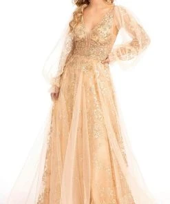 GLS By Gloria GL3001 - Long Puffed Sleeves Deep V-neck Evening Gown