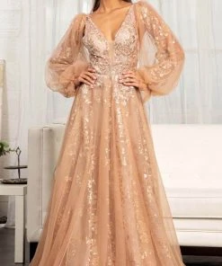 GLS By Gloria GL3001 - Long Puffed Sleeves Deep V-neck Evening Gown 14 GLS By Gloria GL3001 - Long Puffed Sleeves Deep V-neck Evening Gown
