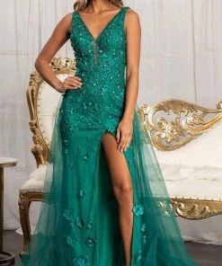 GLS By Gloria GL3011 - V-Neck Overskirt Prom Gown