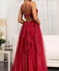GLS By Gloria GL3033 - Appliqued V-Neck Prom Gown