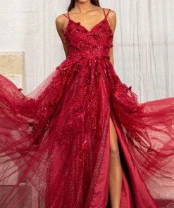 GLS By Gloria GL3033 - Appliqued V-Neck Prom Gown