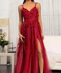 GLS By Gloria GL3033 - Appliqued V-Neck Prom Gown
