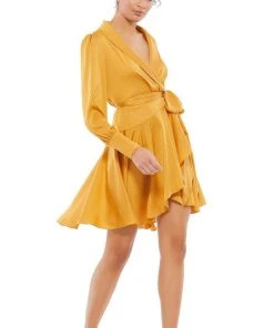 Ieena Duggal - 12514I Long Sleeve Wrap Satin Dress