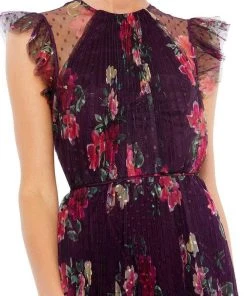 Ieena Duggal - 2143 Floral Printed Pleated A-Line Dress