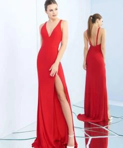 Ieena Duggal - 25846I Plunging V-Neck High Slit Sheath Gown