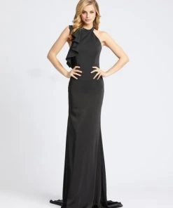 Ieena Duggal - 26193I Ruffled Halter Trumpet Dress With Train