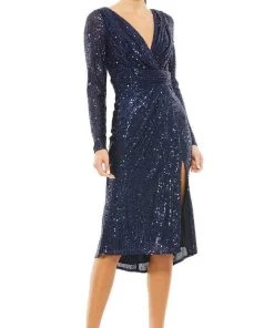 Ieena Duggal - 26555I Knee Length Long Sleeve Sequin Dress