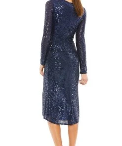 Ieena Duggal - 26555I Knee Length Long Sleeve Sequin Dress