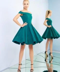 Ieena Duggal - 48774I Off Shoulder A-Line Pleated Cocktail Dress