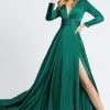 Ieena Duggal - 55245I Long Sleeve Plunging V-Neck High Slit Gown