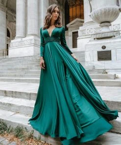 Ieena Duggal - 55245I Long Sleeve Plunging V-Neck High Slit Gown 7 Ieena Duggal - 55245I Long Sleeve Plunging V-Neck High Slit Gown