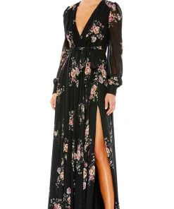 Ieena Duggal 55661 - V-Neck Tie Belt Floral Evening Gown