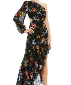 Ieena Duggal 55668 - Floral Bishop Sleeve High Low Evening Dress
