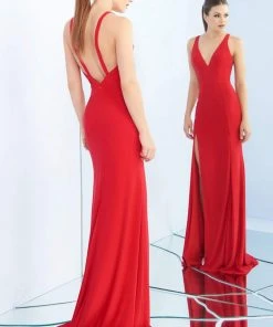 Ieena Duggal - Plunging V-Neck High Slit Sheath Gown 25846I