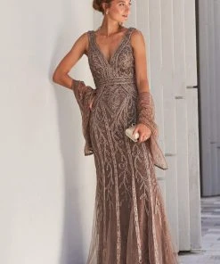 Ivonne D By Mon Cheri - 120D03 Plunging V-Neck Metallic Lace Dress Ivonne D For Mon Cheri