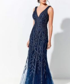 Ivonne D By Mon Cheri - 120D03 Plunging V-Neck Metallic Lace Dress Ivonne D For Mon Cheri