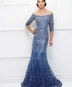Ivonne D For Mon Cheri - 118D07W Ombre Sequined Off Shoulder Tulle Lace Gown