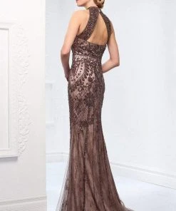 Ivonne D For Mon Cheri - 218D27 Beaded Lace Sheer Halter Fitted Dress