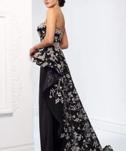 Ivonne D For Mon Cheri - 218D32 Embraided Lace Peplum Dress With Train