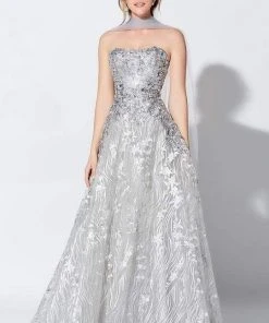 Ivonne D For Mon Cheri - Beaded Lace Semi-Sweetheart Ballgown 119D47B - 1 Pc Silver/Multi In Size 4 Available
