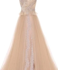 Janique 15761 - Cap Sleeve Illusion V-neck Long Dress