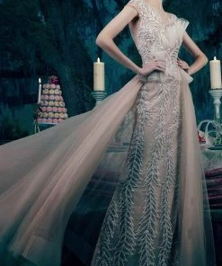 Janique 15761 - Cap Sleeve Illusion V-neck Long Dress