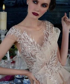 Janique 15761 - Cap Sleeve Illusion V-neck Long Dress