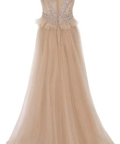 Janique 15761 - Cap Sleeve Illusion V-neck Long Dress