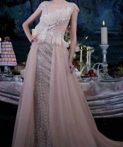 Janique 15761 - Cap Sleeve Illusion V-neck Long Dress