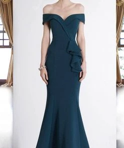 Janique - 1936 Off Shoulder Ruffled Accent Mermaid Gown In Teal