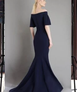 Janique - 1941 Notched Off Shoulder Ruffle Sleeve Evening Gown