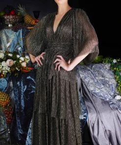 Janique 210722 - Quarter Length-Sleeve Plunging V-neck Evening Dress