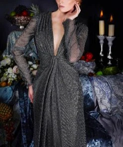 Janique 210922 - Long Sleeve Plunging V-neck Evening Dress 7 Janique 210922 - Long Sleeve Plunging V-neck Evening Dress