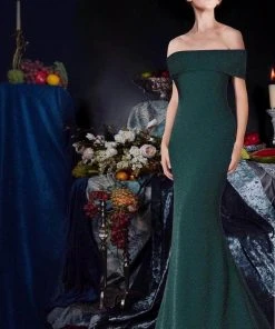 Janique - 2933 Off Shoulder Glitter Mermaid Gown