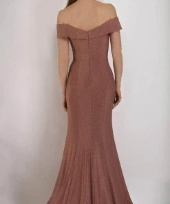 Janique - 2936 Shimmer Off Shoulder V Neck Trumpet Gown