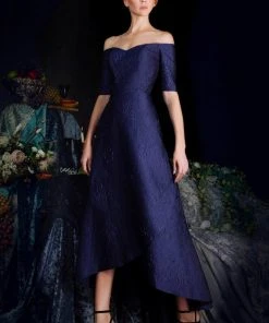 Janique - 61022 Off Shoulder Jacquard High Low A-line Dress