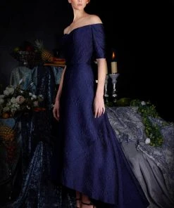 Janique - 61022 Off Shoulder Jacquard High Low A-line Dress