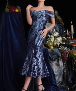 Janique - 62122 Tea Length Embroidered Lace Ombre Dress