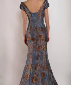 Janique - 66721 Ruched Cap Sleeve Jacquard Mermaid Gown