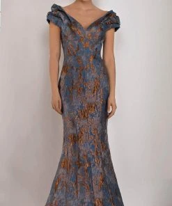 Janique - 66721 Ruched Cap Sleeve Jacquard Mermaid Gown